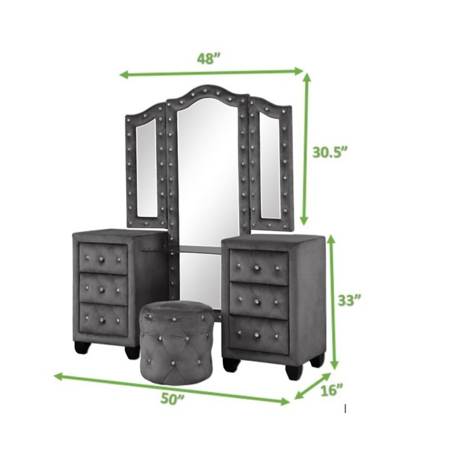 Modern Style Crystal Tufted Upholstery 6-Drawer Vanity Set with Stool, finished with Velvet Fabric made with Wood in Gray