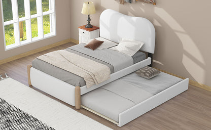 Twin Size Upholstered Platform Bed with Wood Supporting Feet and Twin Size Trundle, White