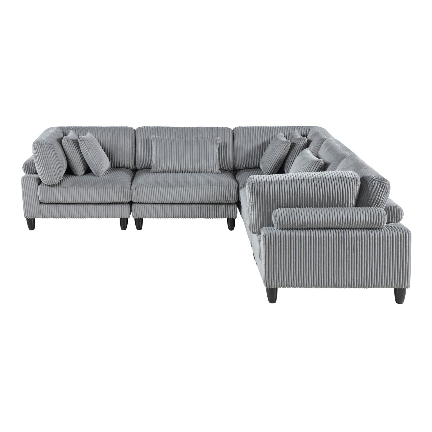 5pc Modular Sectional Set Gray Corduroy Upholstery 2x Armless Chairs 3x Corner Seats Soft Pillows Living Room Furniture