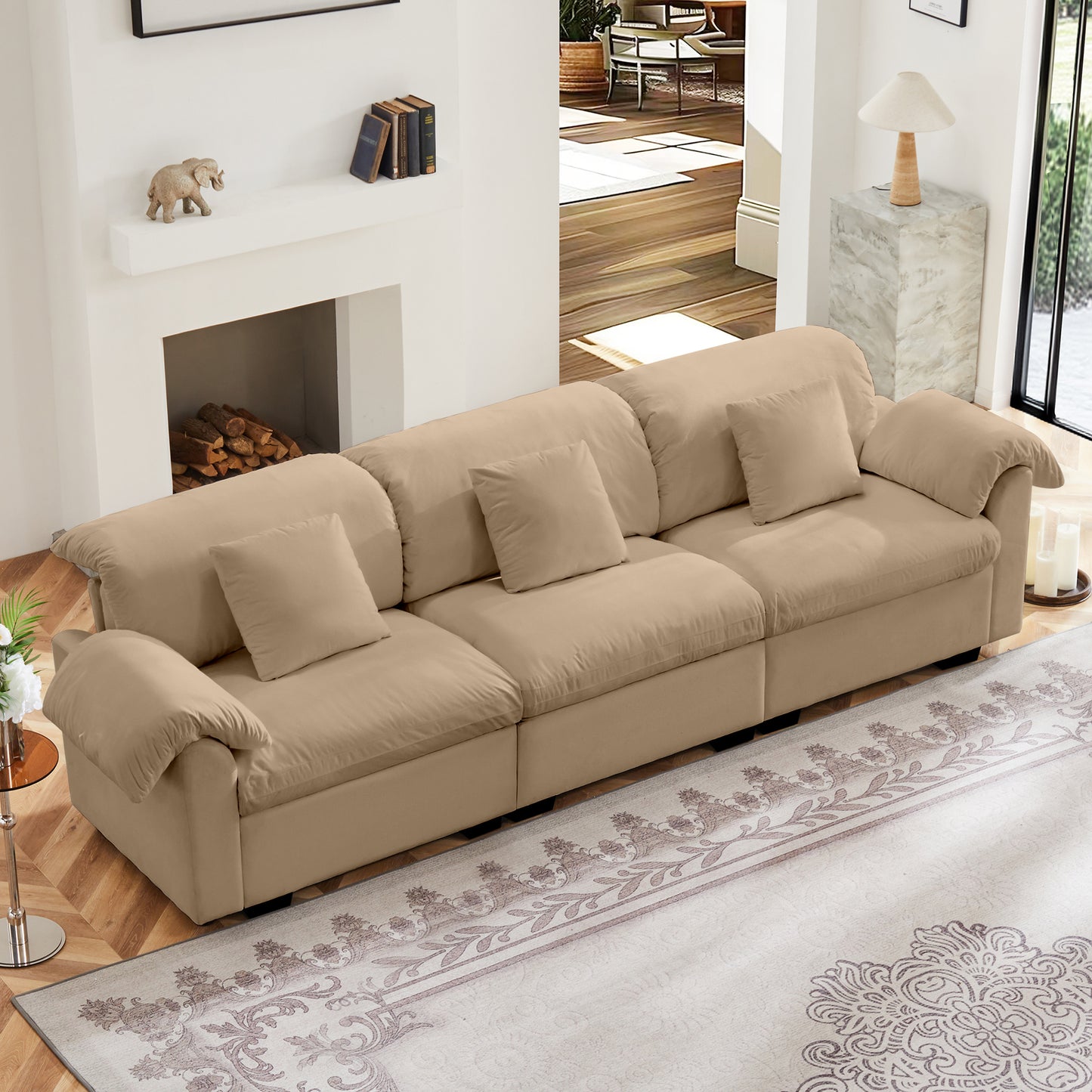 Extra Large 3 - Seat Modern Velvet Sofa With Storage Function Under Each Seat, Oversize Sofa Clould Like Deep Seat Couch with Comfortable Seat and Back Support, 3 Seater Sofa with Fluffy Armrest Pillo