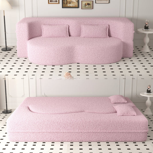 Modern Floor Sofa with 2 Pillows,Convertible Teddy Fabric Foam-Filled Sleeper Sofa Bed,15" Full Size Folding Mattress for Living Room,Guest Bed,Playroom,no assembly required,Pink(Old Sku:W1885P190391