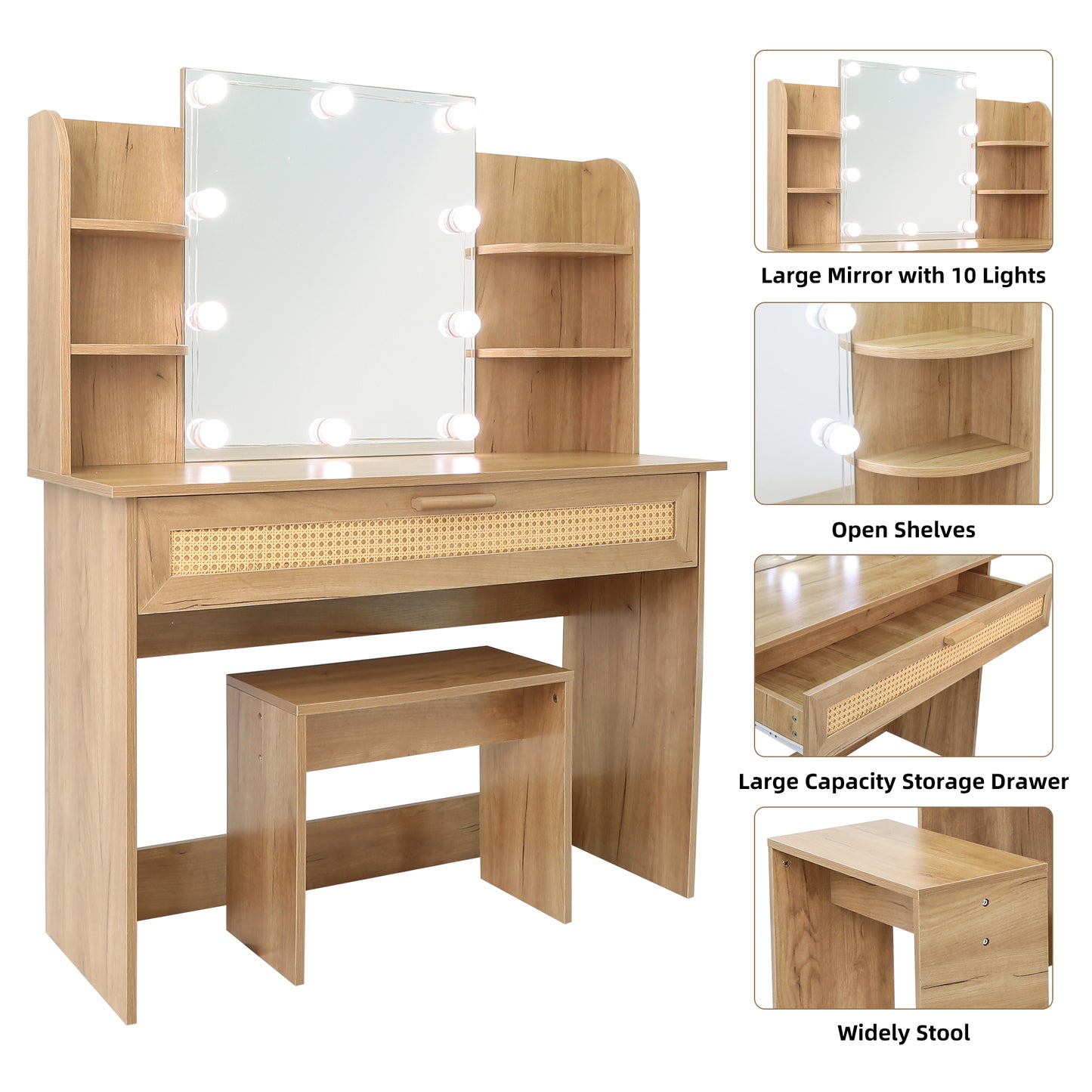 Vanity Desk Set Stool & Dressing Table with LED Lighting Mirror Drawer and Compartments Modern Wood Cosmetic Table Chest of Drawers Nature Color