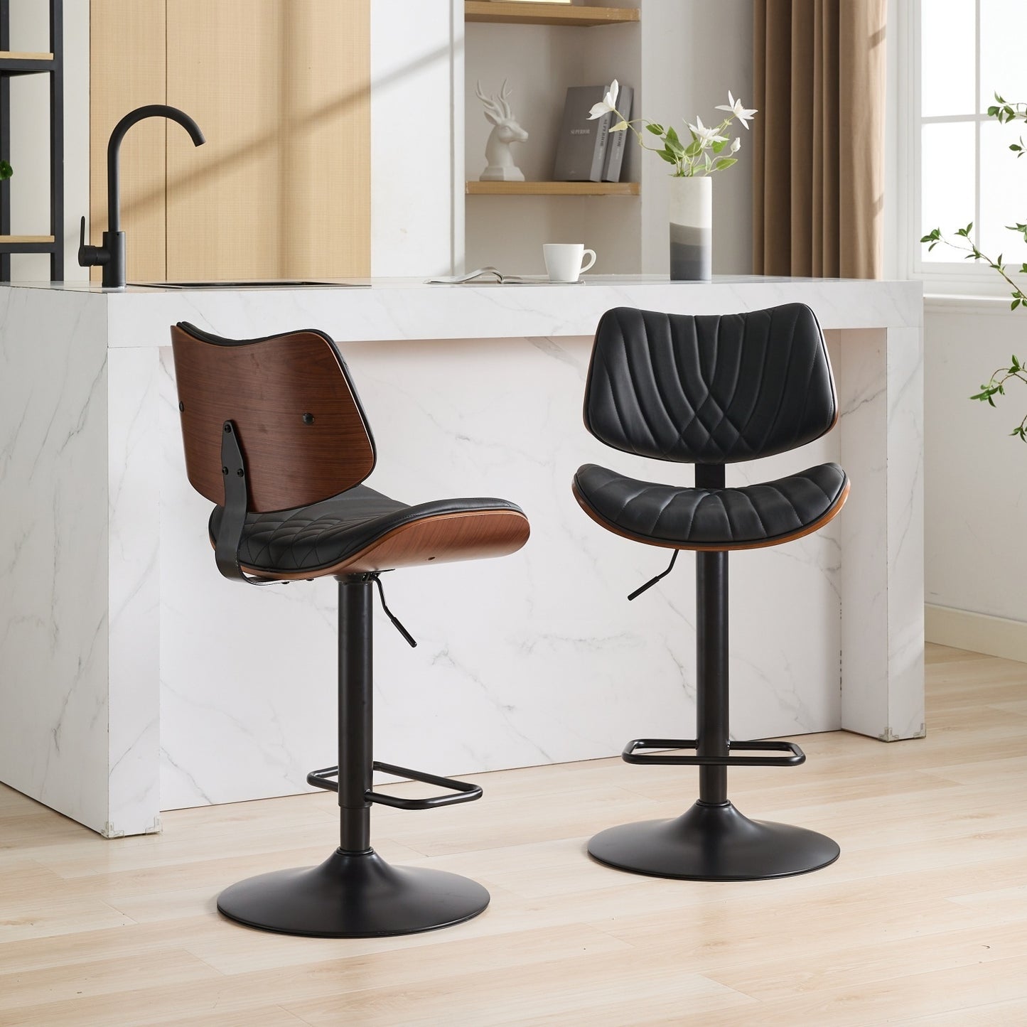 Walnut Bentwood Bar Stools Mid Century Modern Adjustable Counter Height Black Leather Upholstered 360°Swivel Bar Chairs for Kitchen Island/Dining Room/Cafe, 1 chair/1carton,Black