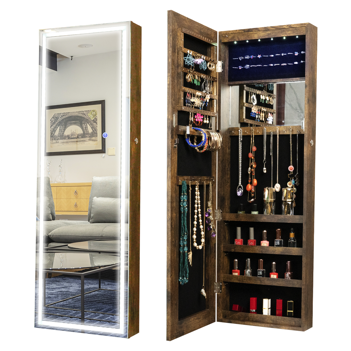 Fashion Simple Jewelry Storage Mirror Cabinet With LED Lights Can Be Hung On The Door Or Wall