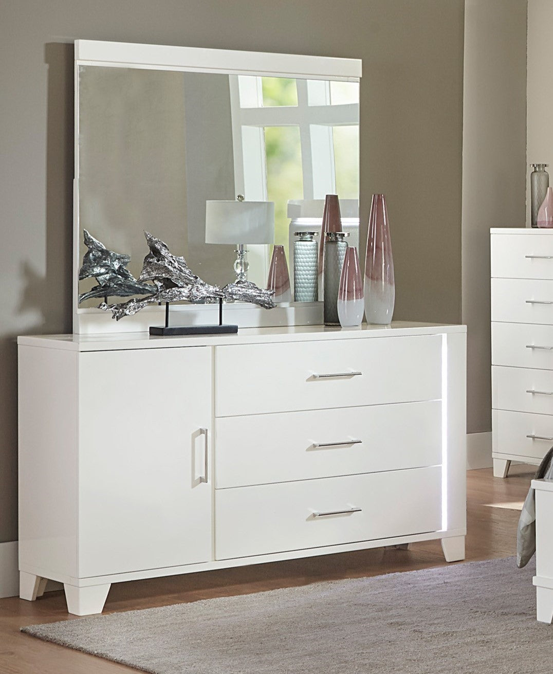 White High Gloss Finish Modern Bedroom 1pc Dresser with Drawers Adjustable Shelfs LED Light Strip Wooden Furniture