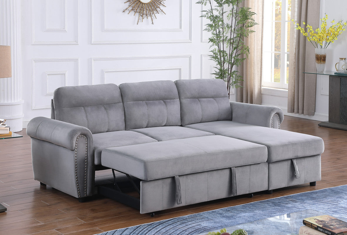 Ashton 96.5" Gray Velvet Fabric Reversible Sleeper Sectional Sofa Chaise