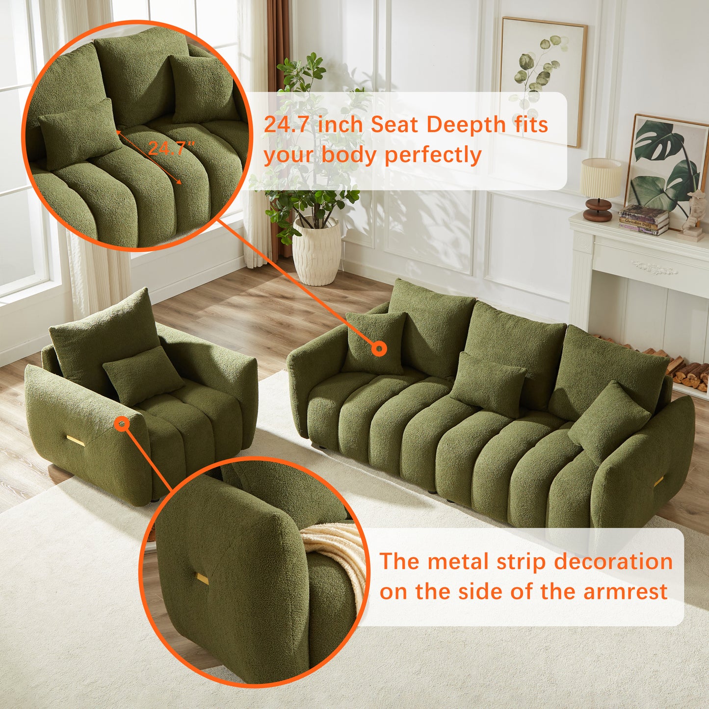 1 Seater + 3 Seater + 3 Seater,  Combo Sofa Modern Living Room Sofa, Teddy Sofa, Wooden Frame, 7 Cushions, Apartment Sofa Furniture