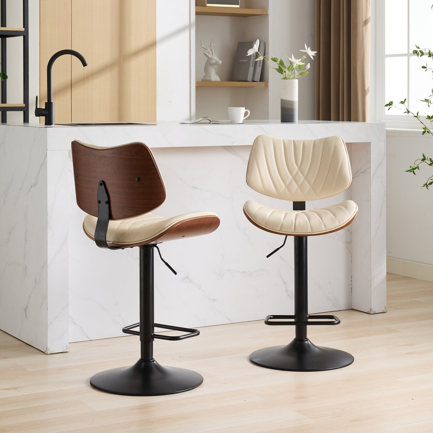 Walnut Bentwood Bar Stools Mid Century Modern Adjustable Counter Height Black Leather Upholstered 360°Swivel Bar Chairs for Kitchen Island/Dining Room/Cafe, 1 chair/1carton,Beige