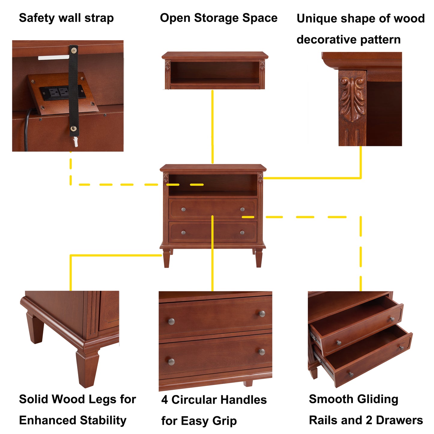 Open Space and 2 Drawers Dresser Nightstand with Charging Station, Farmhouse End Table with USB Ports and Outlets, Fluted Pilasters Design Side Table with Solid Wood Legs for Bedroom