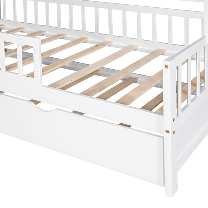 Wooden Twin Size House Bed with Trundle,Kids Bed with Shelf, White