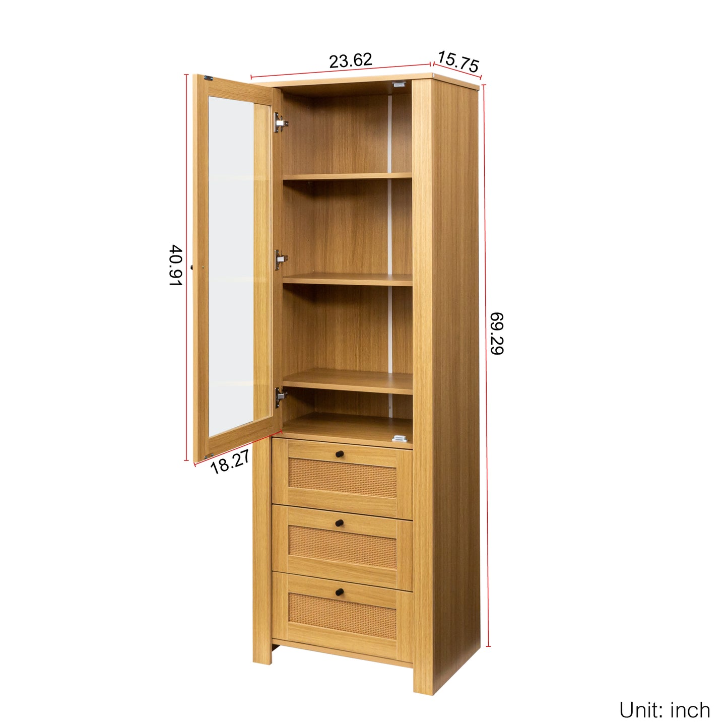 rattan door Bookshelf Display Case with drawer finish Open Storage Shelves bookcase