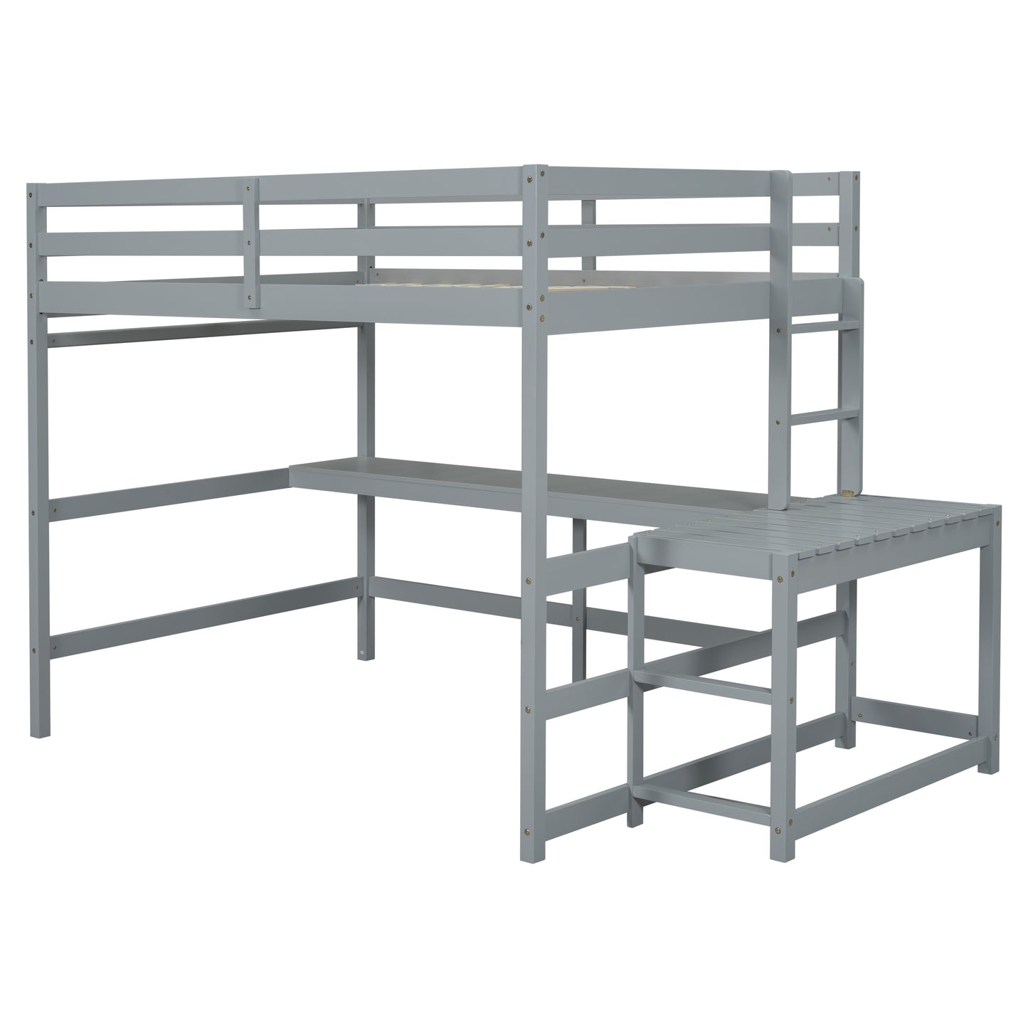 Full Size High Loft Bed with Built-in Desk, Ladder Platform, Ladders, Guardrails ,Grey