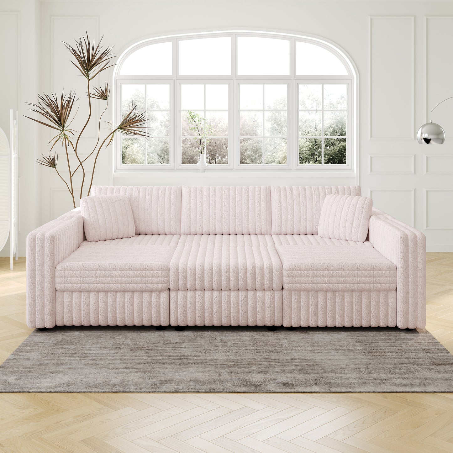 106.3" Soft  U-shaped 6-Person Sofa. Matches 30.7" Ottoman with Hydraulic Lift. Comfortable & Stylish. For Bedroom & Living Room. Light Pink.Modern Furniture. Modular Design.