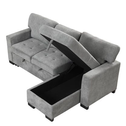 Stylish and Functional Light Chaise Lounge Sectional with Storage Rack Pull-out Bed Drop Down Table  and USB Charger Gray