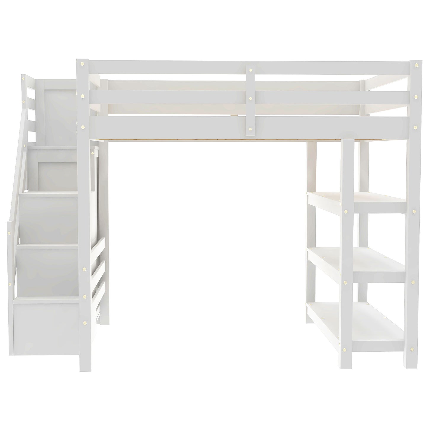 Full Size Loft Bed with 4-Layer Shelves, Storage Staircase, Small Wardrobe, White LED Light in White Finish, Solid Pine Wood and MDF Construction