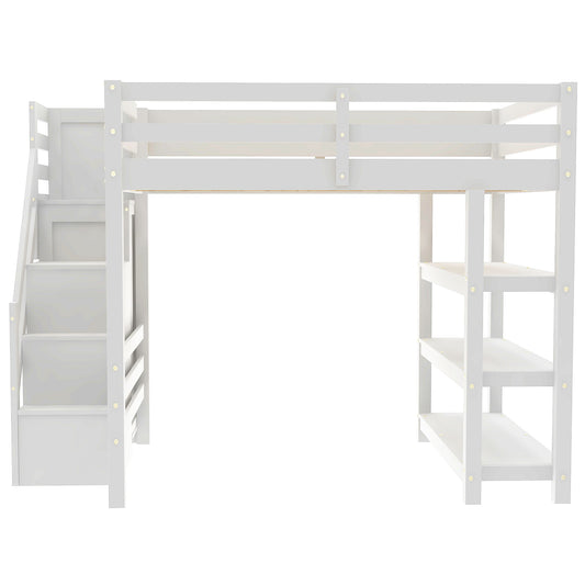 Full Size Loft Bed with 4-Layer Shelves, Storage Staircase, Small Wardrobe, White LED Light in White Finish, Solid Pine Wood and MDF Construction