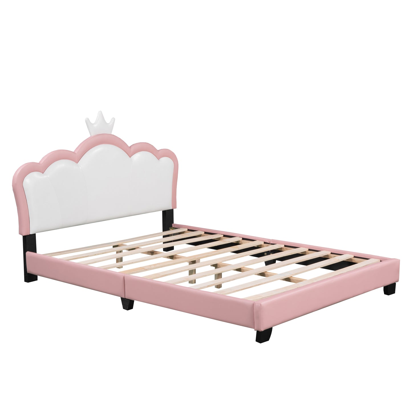 Full size Upholstered Princess Bed With Crown Headboard,Full Size Platform Bed with Headboard and Footboard, White+Pink