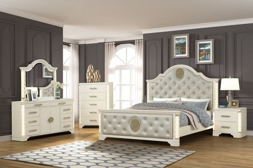 King 5 Pc Unique LED Bedroom Set made with Wood in Beige