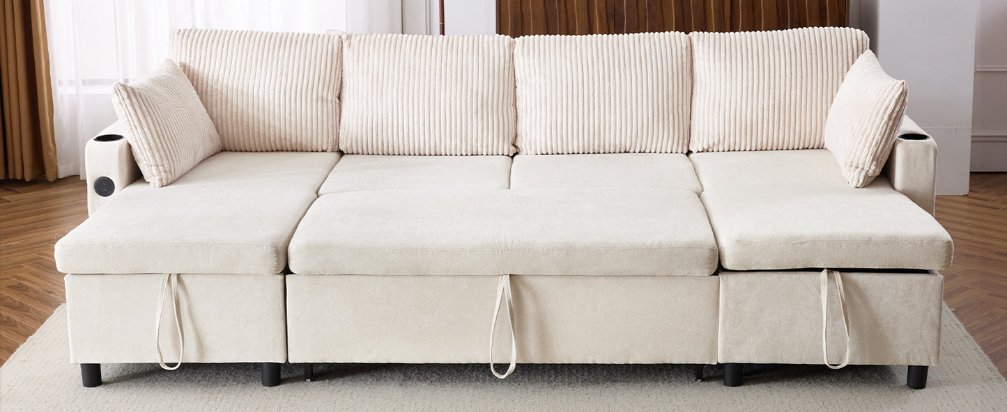 111.8" Sectional Sofa Pull-out Sofa Bed Versatile Sofa Sleeper with Large Storage Space, Two USB Ports and Two Cup Holders for Living Room, Beige