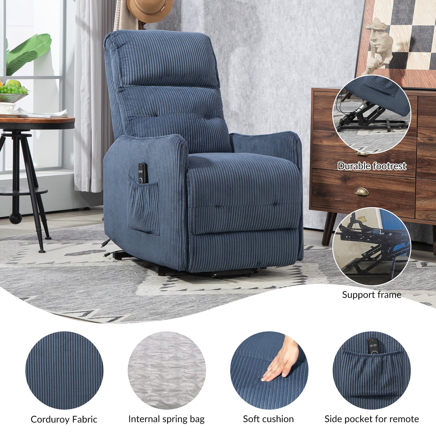 COOLMORE Recliner Chair, Electric Recliner Chairs for Adults, Side Pocket Power Reclining Chair Pocket Springs Seat Cushion, Corduroy Fabric Recliner Sofa for Living Room, Bedroom, Home Theater (Navy)