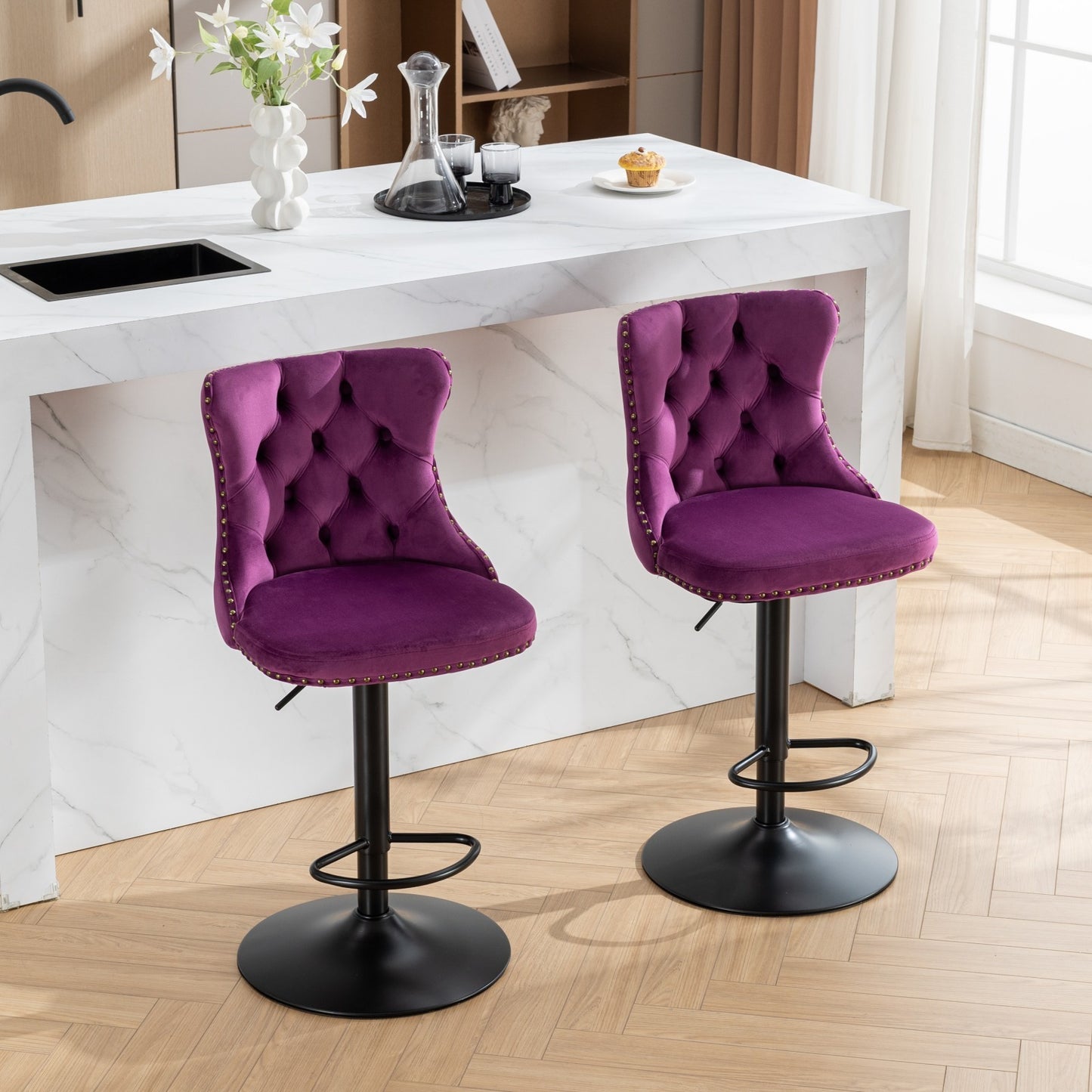 Swivel Velvet Barstools Adjusatble Seat Height from 25-33 Inch,17.7inch base, Modern Upholstered Bar Stools with Backs Comfortable Tufted for Home Pub and Kitchen Island,Purple,Set of 2,SW1812PP