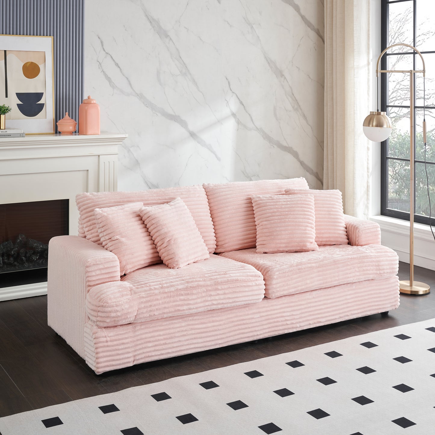 79.3 inches long,  Corduroy Sofa, with 4 Matching Toss Pillows Sleek Design Spacious and Comfortable 3 Seater Couch for Modern Living Room,PINK