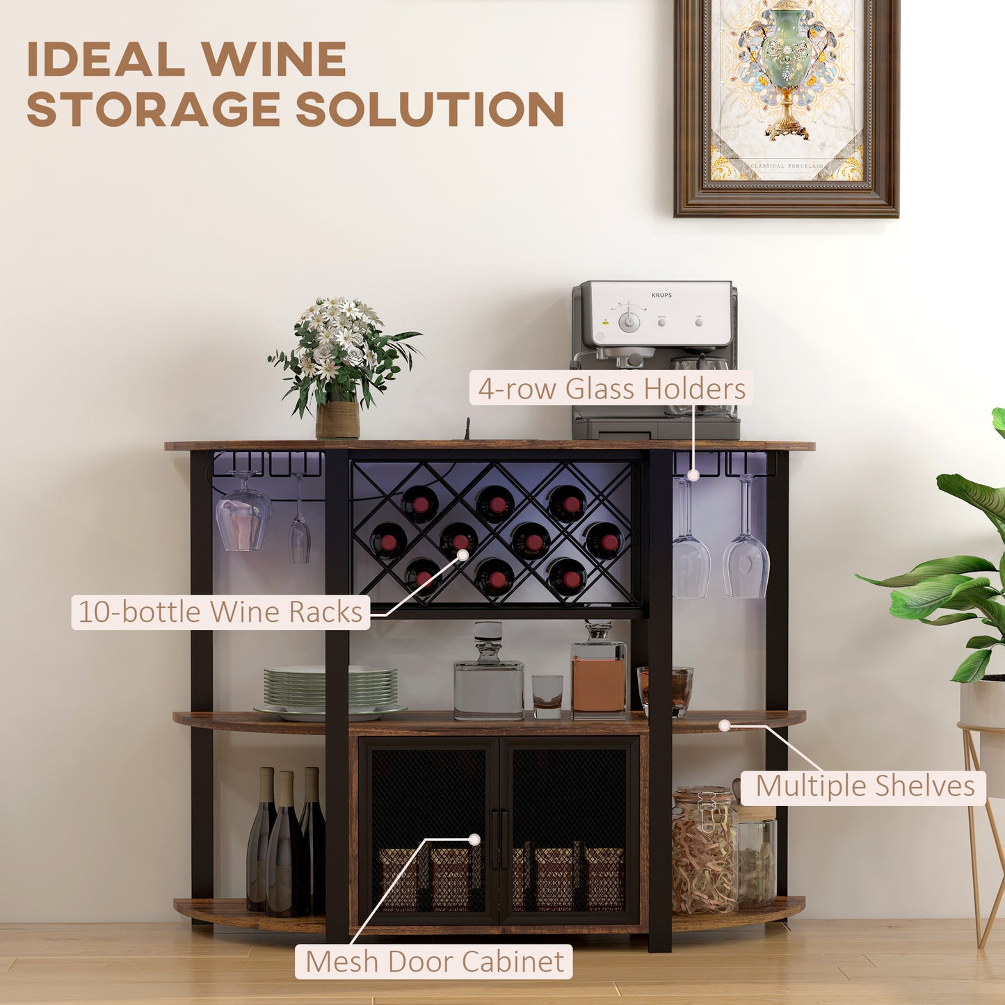 HOMCOM Wine Bar Cabinet with Charging Station and LED Lights, Industrial Liquor Cabinet Bar Stand for Home with 10-bottle Wine Rack, Glass Holders, Mesh Doors, and Open Shelves, Rustic Brown