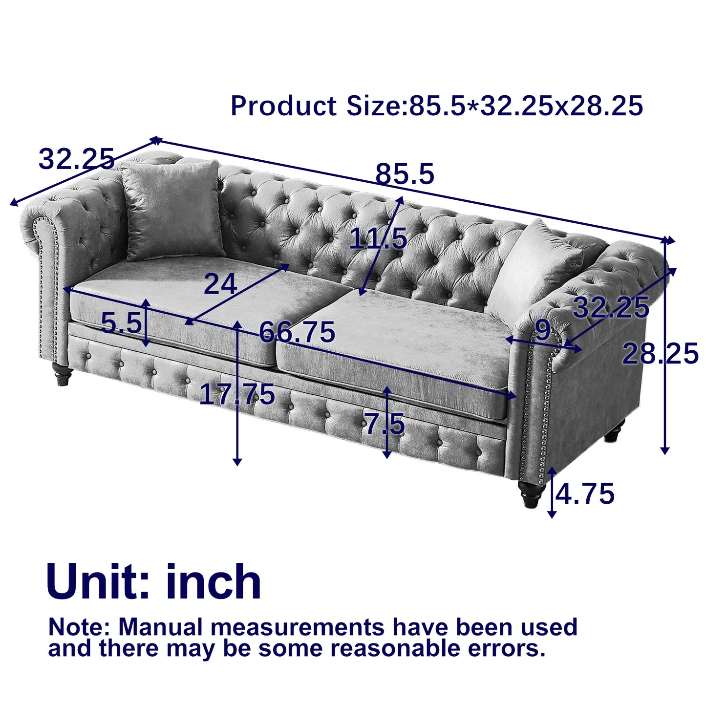 FX 85.5"Living Room with Tech Fabric Chesterfield Sofa with Rolled Arms 3 Seater Sofa with Button Design and 2 Cushions for Apartment, Office, Living Room