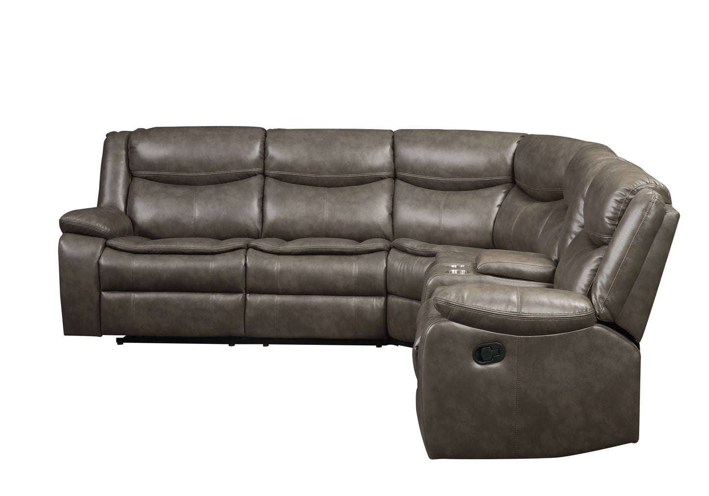 Tavin Taupe Faux Leather Manual Recliner Sectional Sofa w/ Cupholder Console