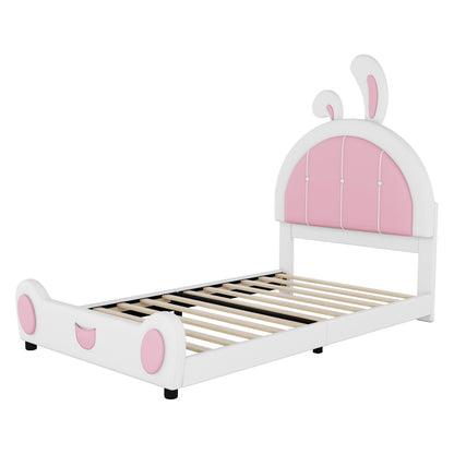 Twin Size Upholstered Platform Bed with Rabbit Shaped Headboard, White