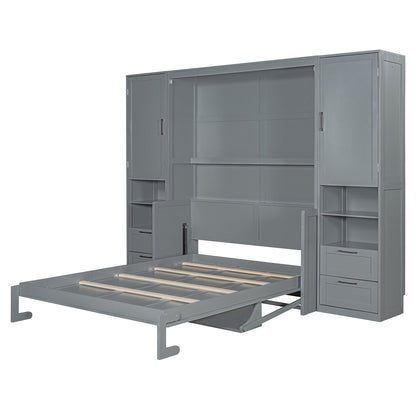 Queen Size Murphy Bed Wall Bed with Closet ,Drawers and Shelves,Gray