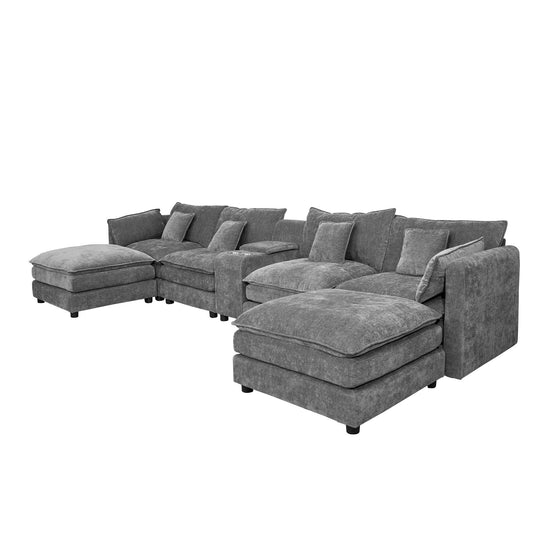 U Shaped Sectional Cloud Couch for Living Room,144' Comfy Fluffy Modular Sofa with Movable Ottoman Modern Chenille 6 Seat Sectional Sofa Set with Console, Cup Holders, Grey