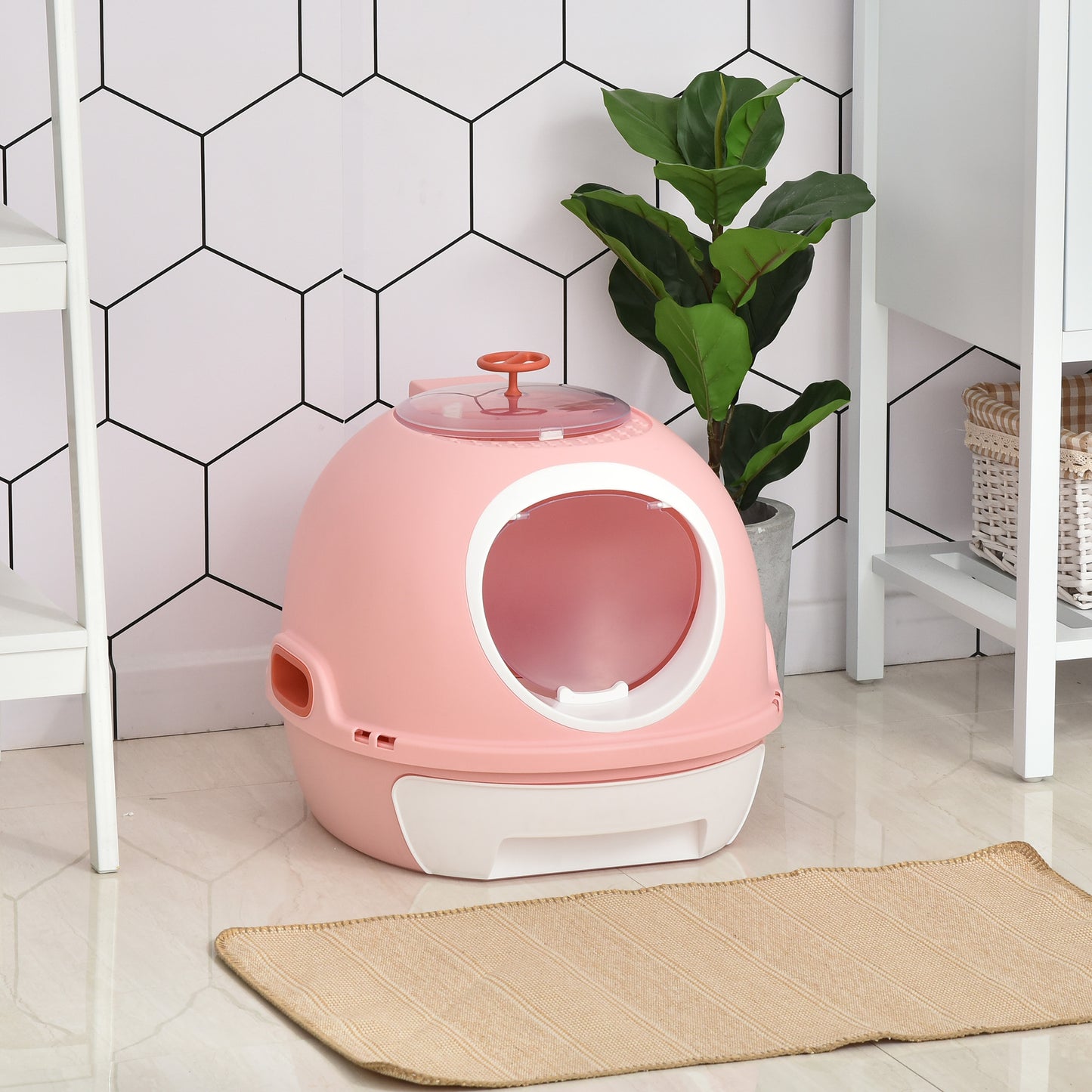 PawHut Covered Litter Box, Litter Box with a Lid, Scoop Enclosed Drawer & Skylight for Cats That's Easy to Clean, Pink