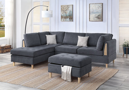 3-PCS Reversible Sectional Set Living Room Furniture Charcoal Color Chenille Couch Sofa, Reversible Chaise Ottoman