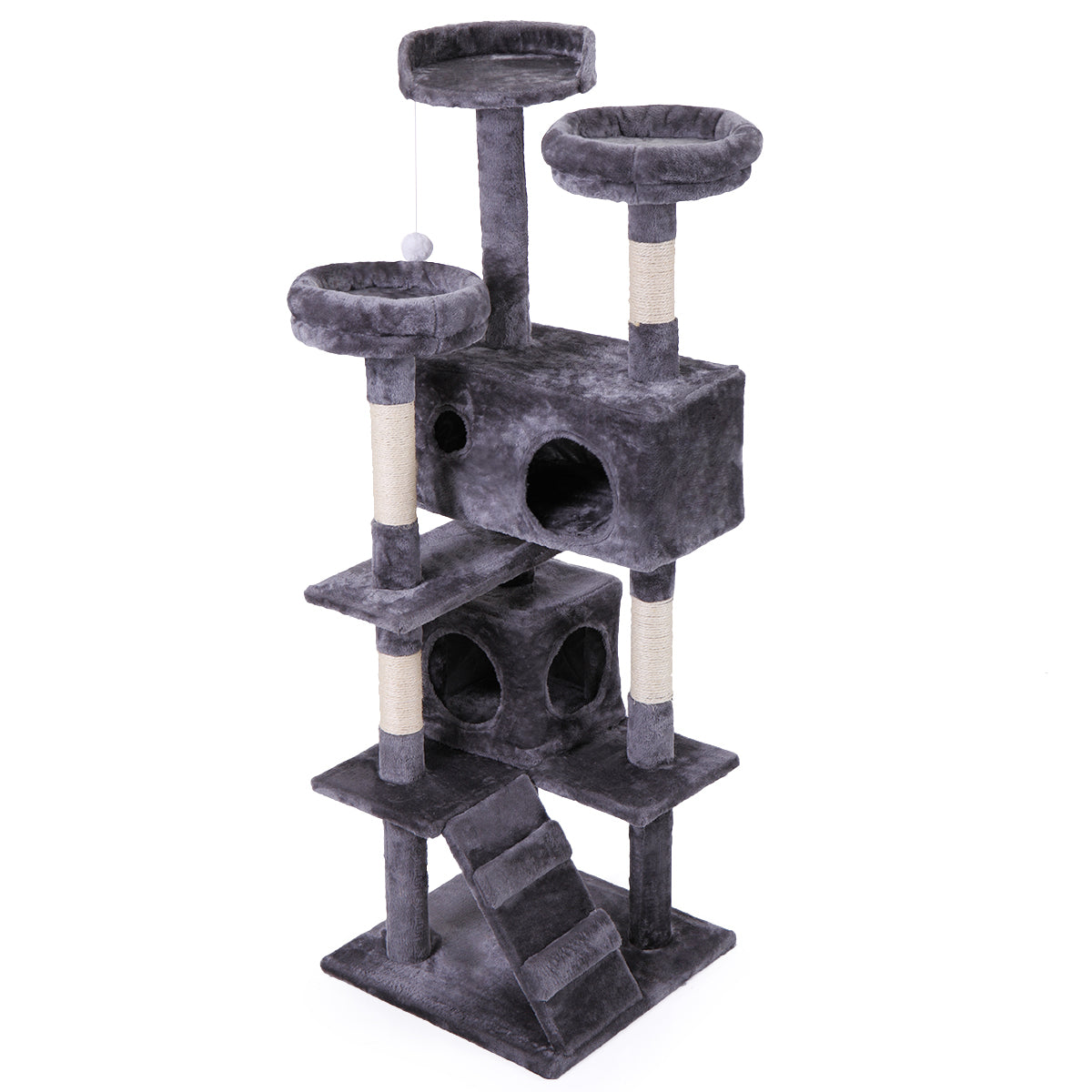 Cat Tree Cat Tower with Scratching Ball, Plush Cushion, Ladder and Condos for Indoor Cats, Gray