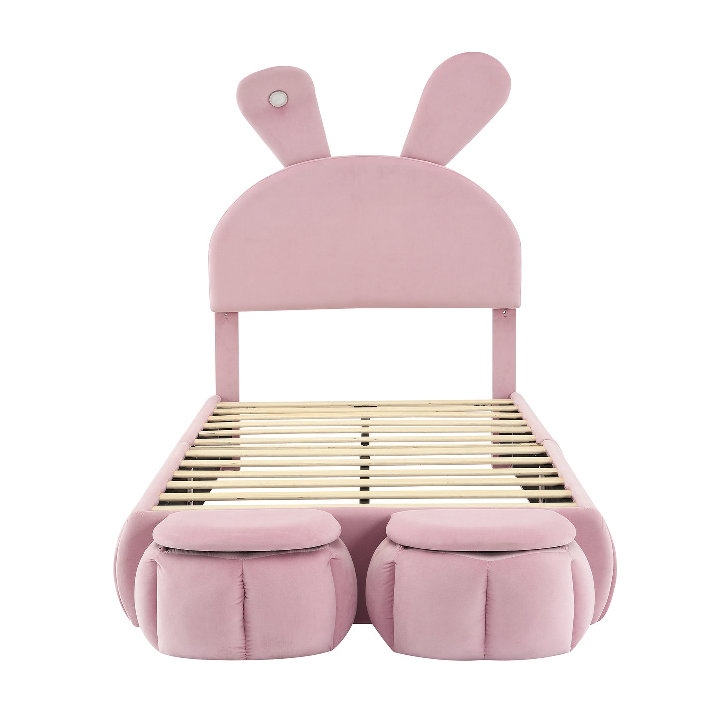 Twin Size Upholstered Platform Bed with Cartoon Ears Shaped Headboard and Light, Pink