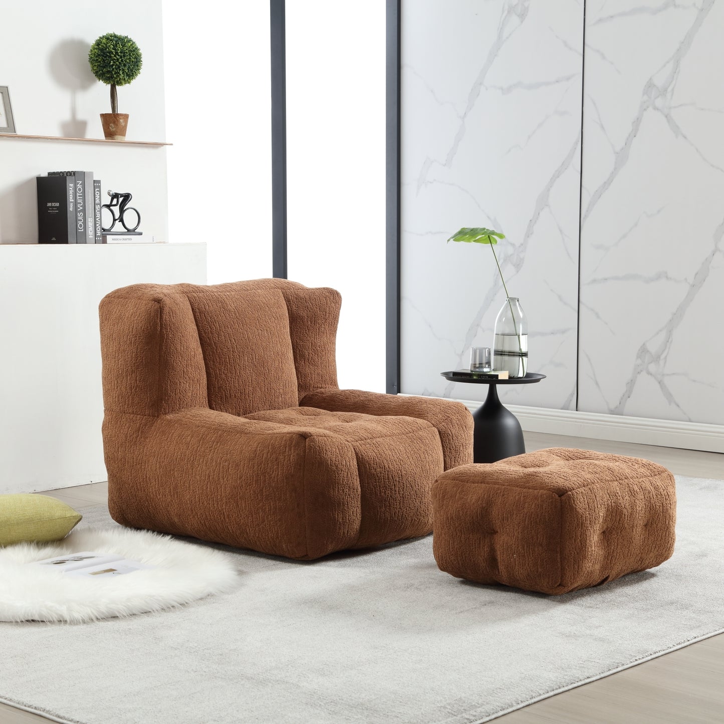 Fluffy bean bag chair, comfortable bean bag for adults and children, super soft lazy sofa chair with memory foam and ottoman, indoor modern focus bean bag chair for living room, bedroom, apartment