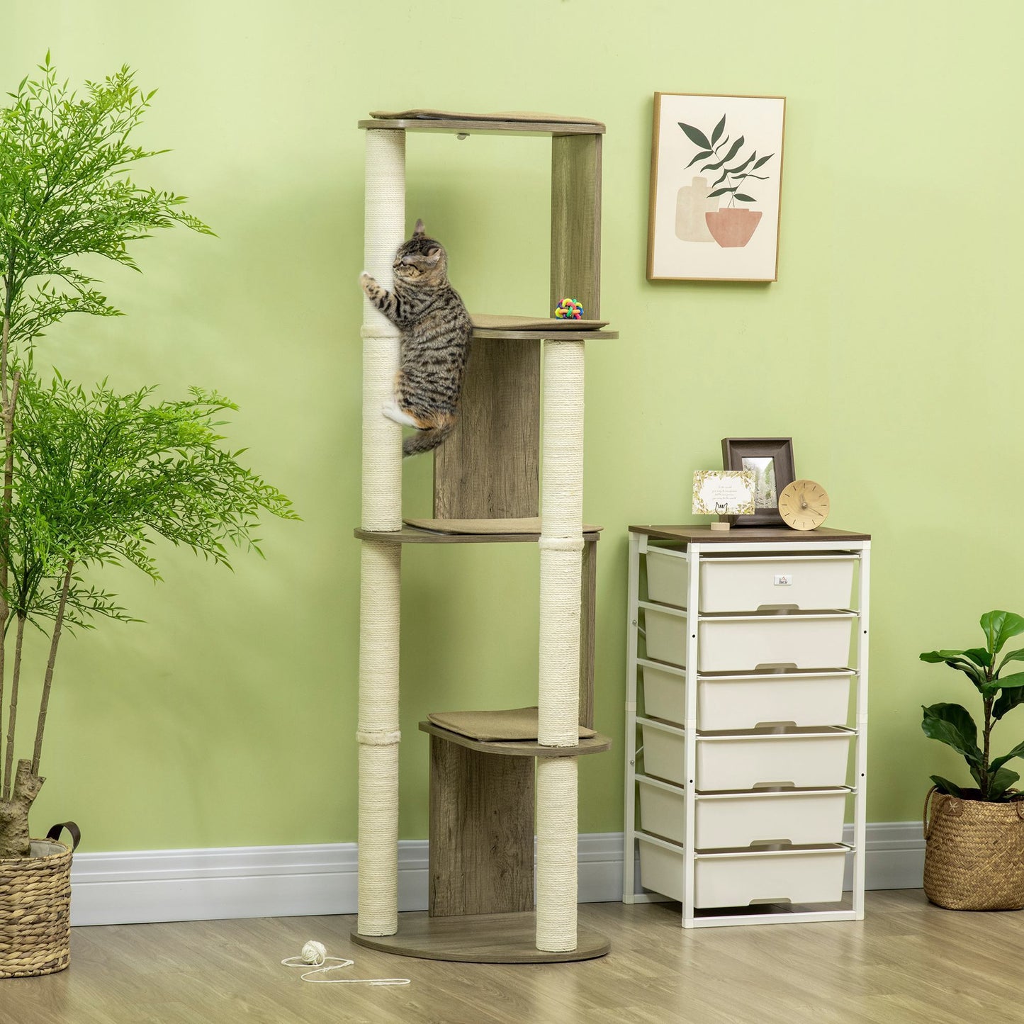 PawHut 65" Corner Modern Cat Tree Tall for Climbing, Large Multilevel Cat Tower with Scratching Posts, Small-Fit Kitten Tower with Sisal, Cream White