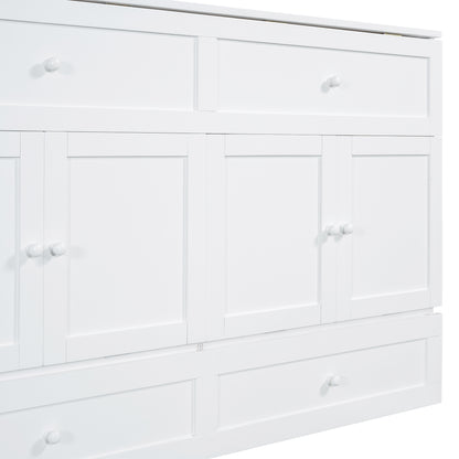 Queen Size Murphy Bed with Large Drawers, White