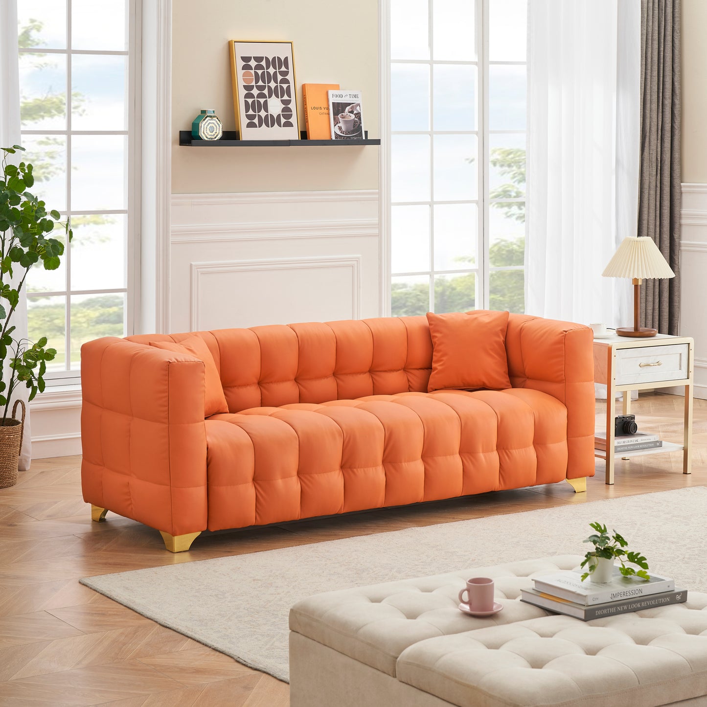 80 inches long, 21.7 inches deep, American body structure, technology fabric sofa, 3 seats waterproof and stain-proof, orange anti-cat paw sofa