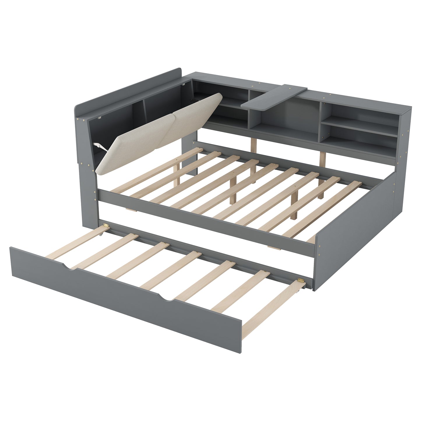 Wood Full Size platform bed with Trundle, Shelves and Storage Headboard, Gray