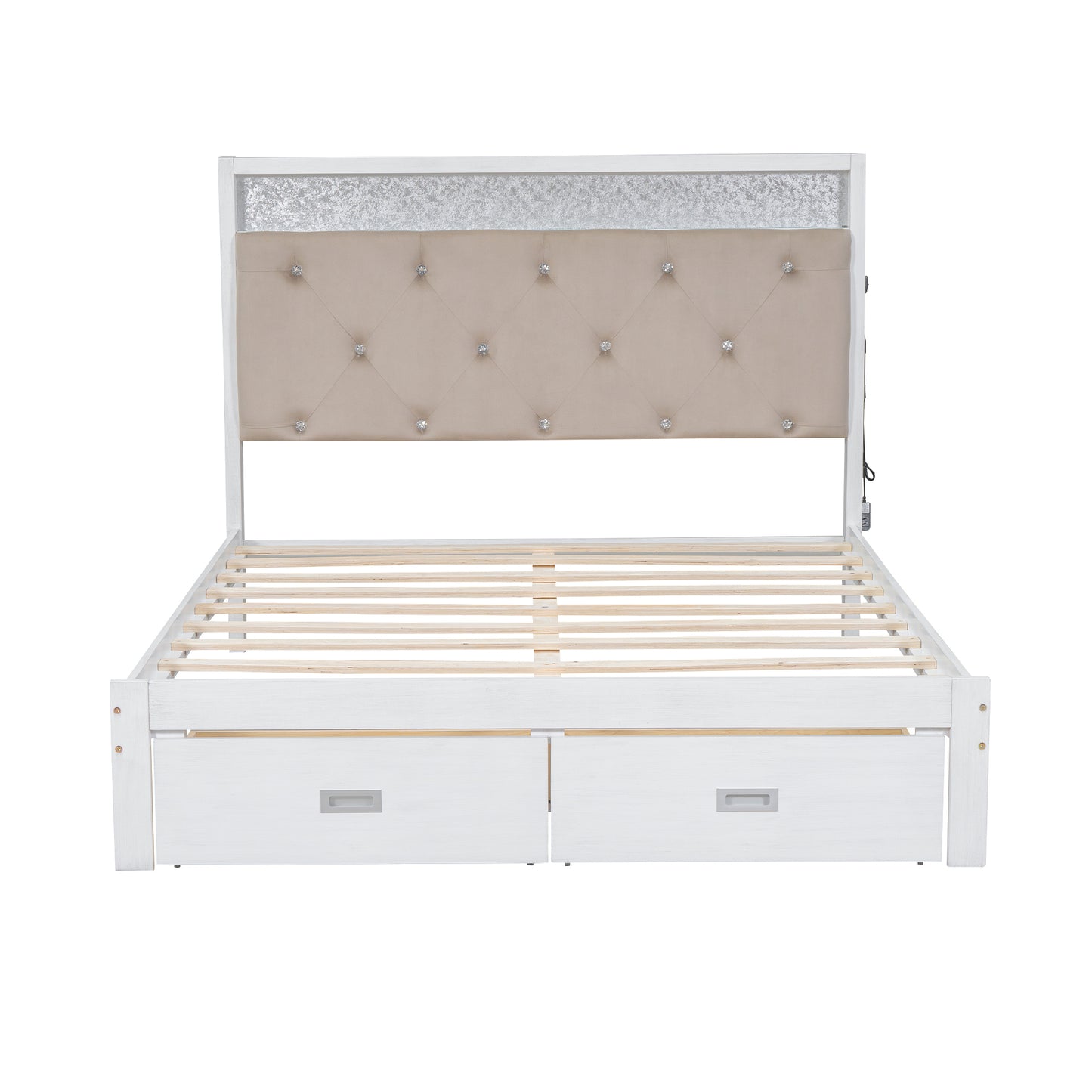 Wood Queen Size Platform Bed with Upholstered Headboard and LED and 2 Drawers, Antique White