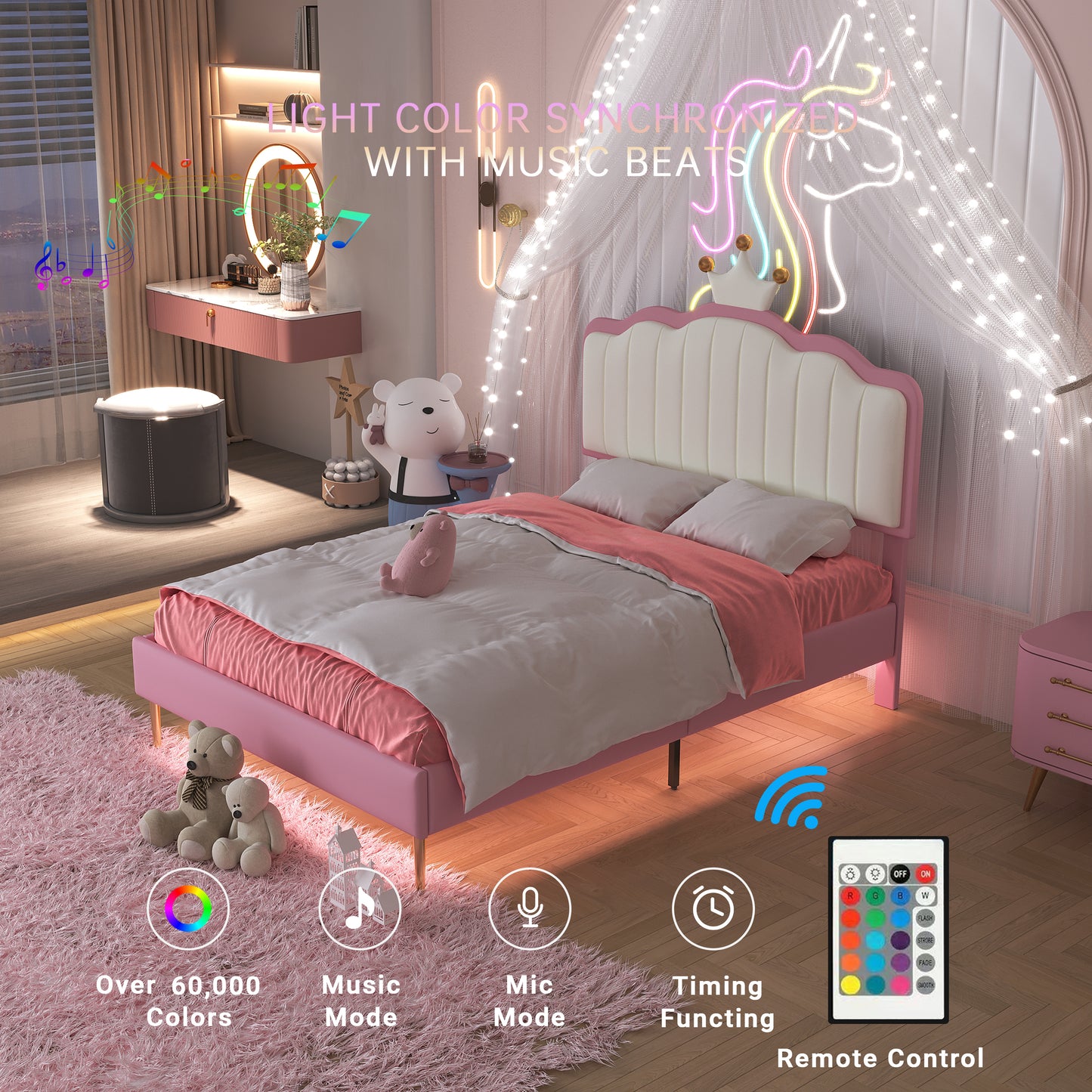 Twin size Upholstered Princess Bed With Crown Headboard, Platform Bed with  with Light Strips,Golden Metal Legs, White+Pink