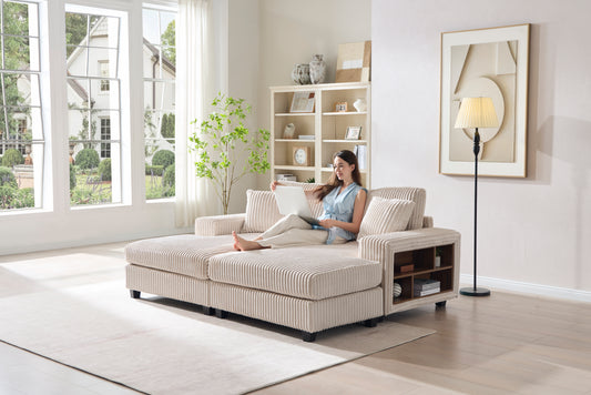 Convertible combination sofa, corduroy fabric, fluffy modern sleeper sofa chair, oversized combination living room double lounge chair,Beige