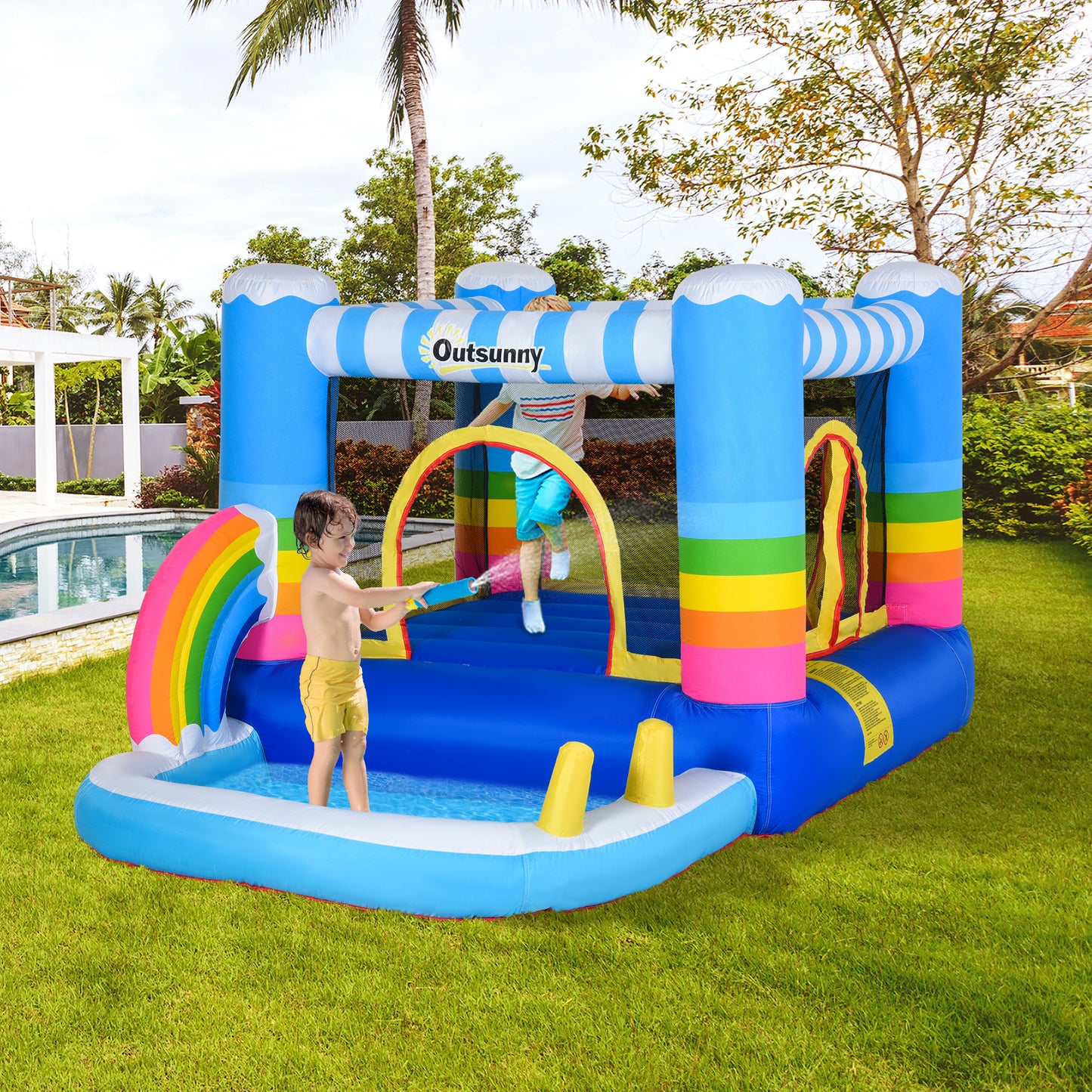 Outsunny Inflatable Bounce House for Kids 2-in-1 Jumping Castle for Indoor Outdoor Party with Trampoline, Pool, Carry Bag & Air Blower