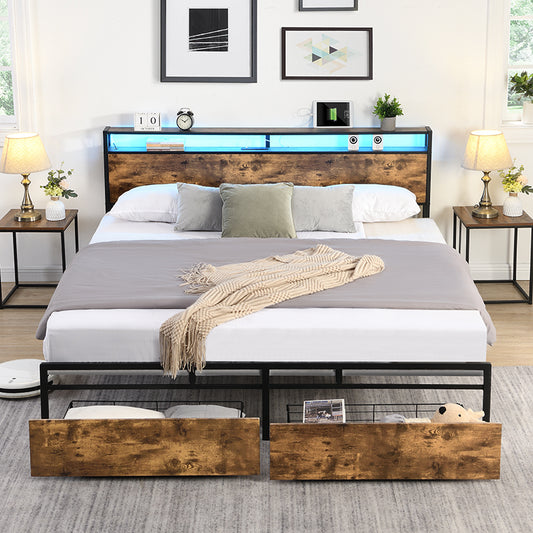 Queen Bed Frame, Storage Headboard with Charging Station, Solid and Stable, Noise Free, No Box Spring Needed, Easy Assembly