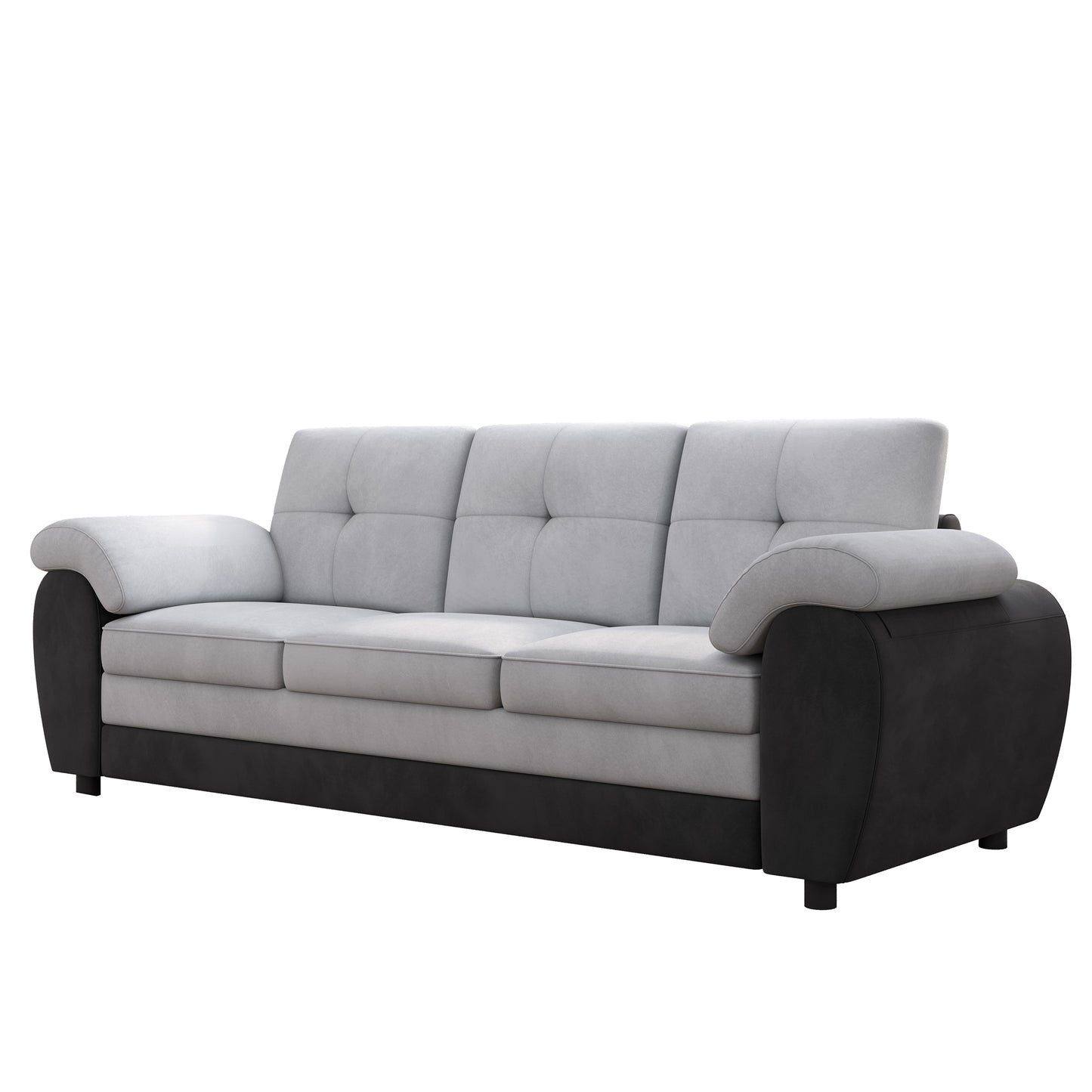 81.9″ Large size Three Seat Sofa,Modern Upholstered,Black leather paired with light gray velvet