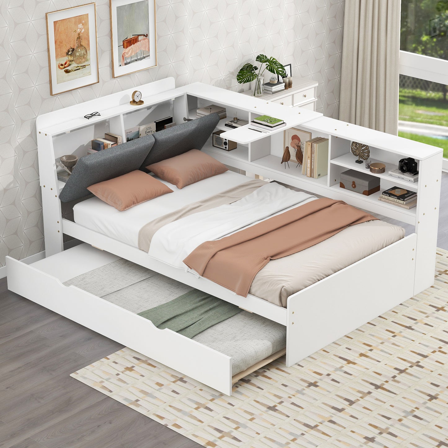 Wood Twin Size platform bed with Trundle, Shelves and Storage Headboard, White