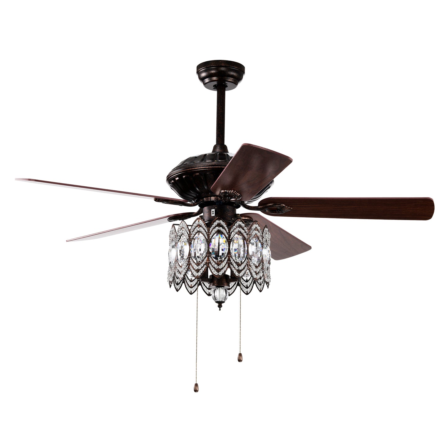 52'' Classical Crystal Ceiling Fan Lamp,3 Speed , 5 Reversible Blades for Living Room, Dining Room, Bedroom, Family Room, Rustic bronze ,3PCS*E12  (NO Include Bulb, Hand Pull Chain)