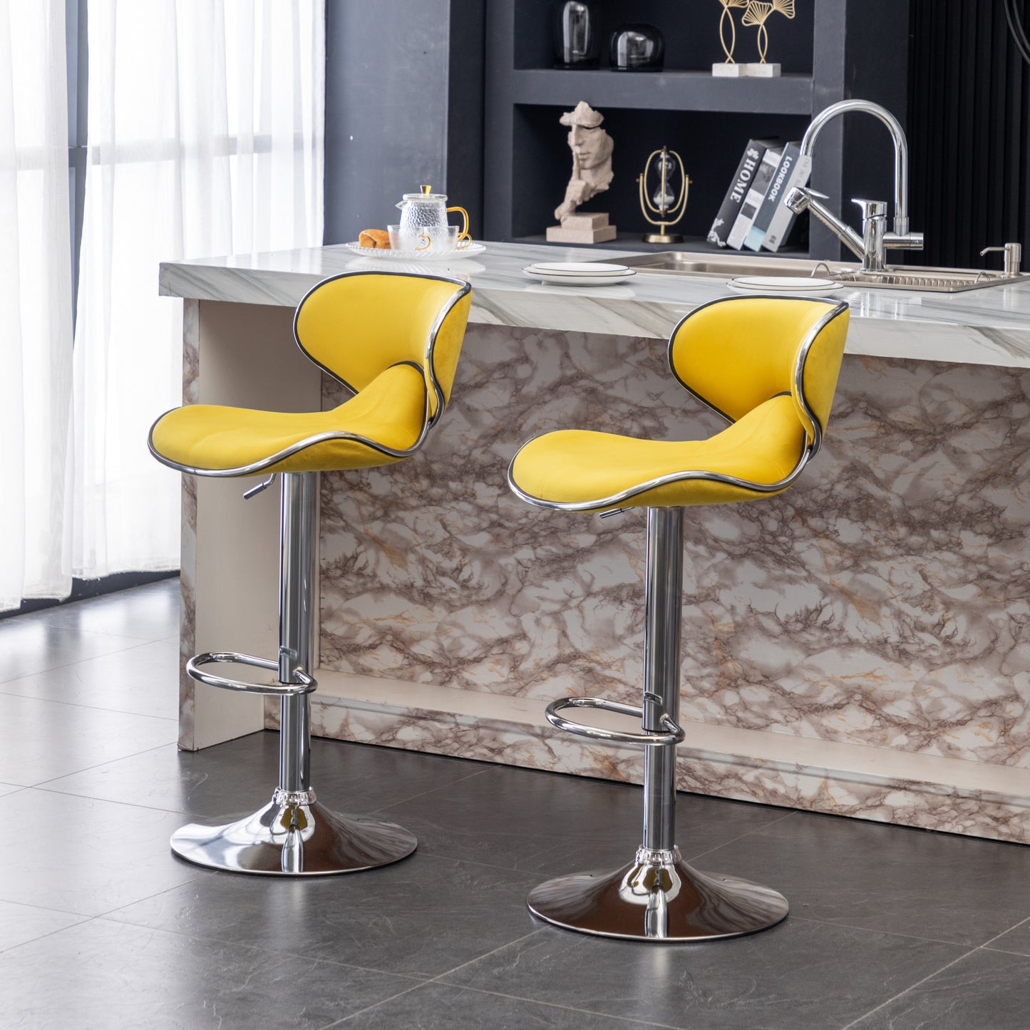 Masaccio Velvet Upholstered Adjustable Swivel Barstool, Set of 2, Yellow